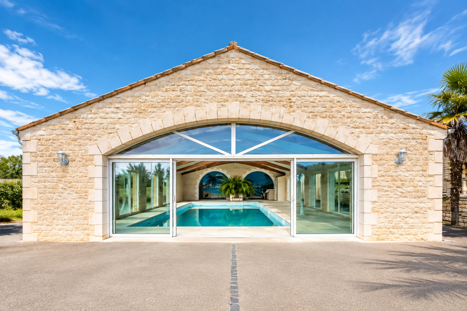 La villa Villascope : façade en pierre et grande baie vitrée cintrée donnant sur la piscine intérieure